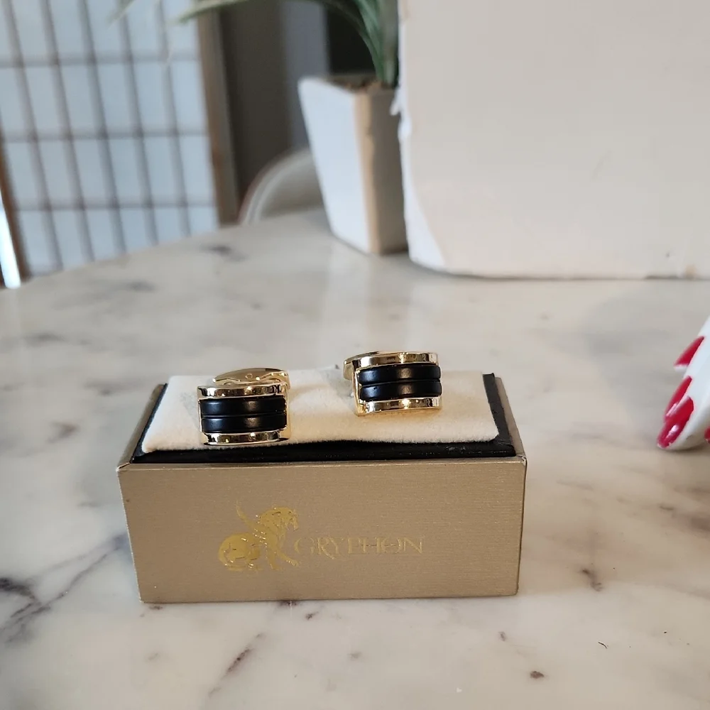 Gryphon | Unisex Black Leather and Goldtone Cufflinks 🔥